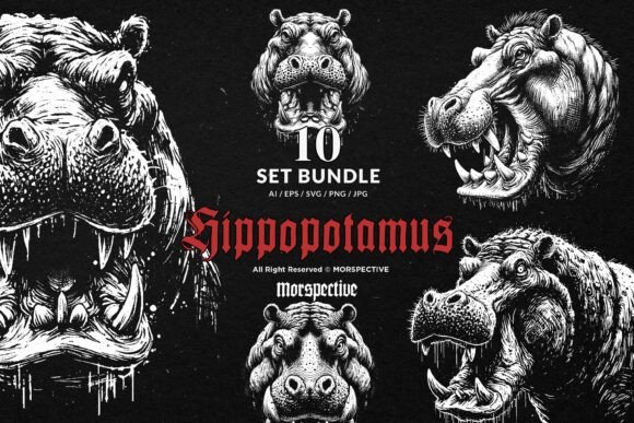 10 Bundle Dark Art Hippopotamus Animal Graphics & Illustrations