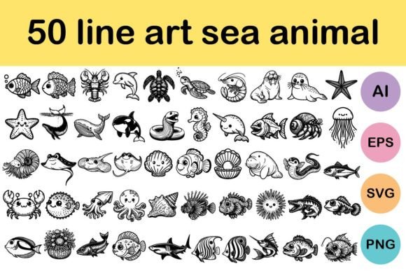 50 Line Art Sea Animal Graphics & Illustrations