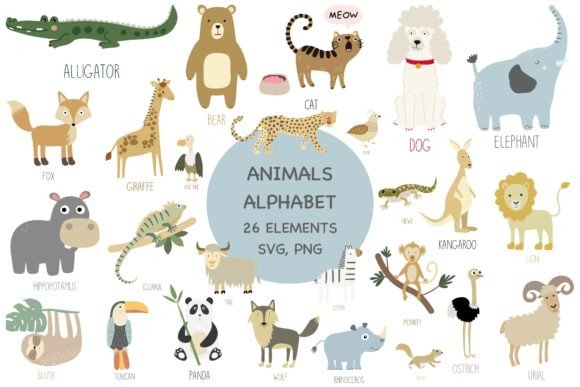Animal Alphabet Clipart a-Z SVG PNG Set: Graphics & Illustrations for Local Branding