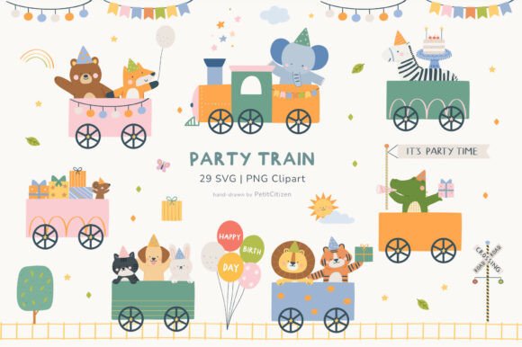 Animal Train Birthday Party Clipart: Playful Graphics & Illustrations