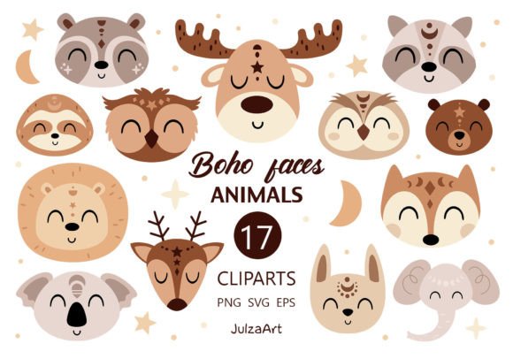Boho Animals Faces Clipart: Graphics & Illustrations