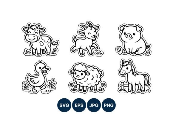 Cute Farm Animal Line Art Set: Graphics & Illustrations