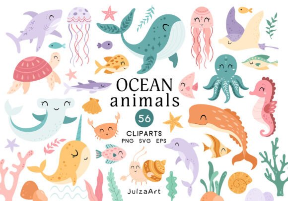 Cute Ocean Animal Clipart: Sea SVG PNG Graphics & Illustrations