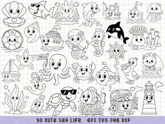 Cute Sea Life Clipart Ocean Animal SVG Graphics