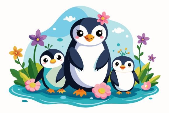 Penguins Animal Cartoon with Flowers on Graphics & Illustrations