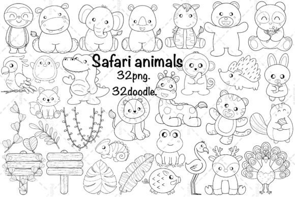 Safari Animal Doodle Clip Art, Jungle: Graphics & Illustrations