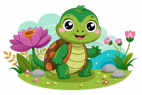 Turtle Animal Cartoon with Flowers Graphics & Illustrations
